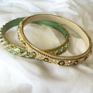 Set of 2 Vintage Mod 1960s Green, Gold, Cream Bangle Bracelet Bead Inlay India
